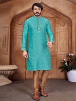 Aqua Blue Jacquard Silk Readymade Kurta Pajama